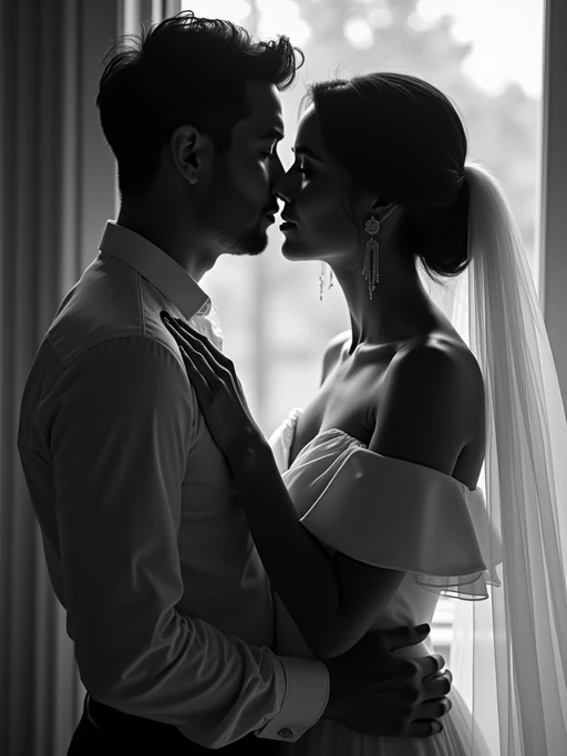 Romantic black and white engagement portrait. if(gender=f){Wearing an elegant off-shoulder dress} if(gender=m){Wearing a formal dress shirt with rolled-up sleeves} if(gender=couple){Bride-to-be in a vintage lace dress, groom-to-be in a classic vest and tie}. Timeless and cinematic.
