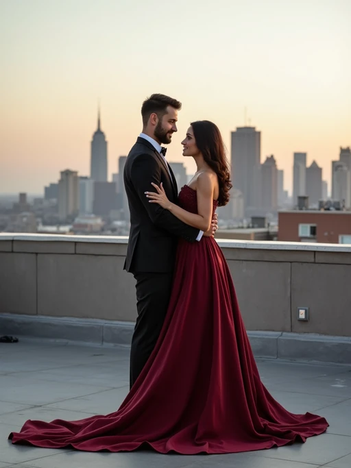 Luxury engagement photoshoot in a cityscape. if(gender=f){Wearing a classy evening gown} if(gender=m){Wearing a tailored suit} if(gender=couple){Bride-to-be in a sleek satin dress, groom-to-be in a sophisticated black suit}. Standing on a rooftop with a skyline view, high-end engagement photography.