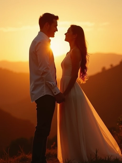 Romantic pre-wedding photoshoot at golden hour. if(gender=f){Wearing a flowing romantic dress} if(gender=m){Wearing a stylish suit} if(gender=couple){Bride-to-be in an elegant chiffon dress, groom-to-be in a fitted casual suit}. Holding hands, looking into each other’s eyes, dreamy sunset background.
