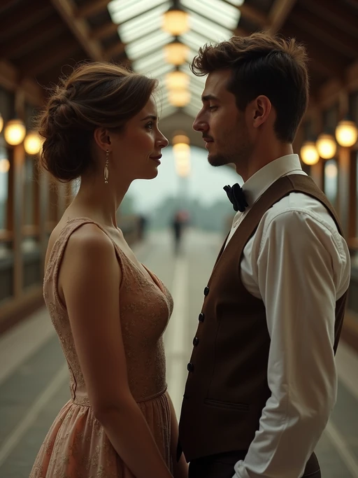 Cinematic engagement shoot at a vintage train station. if(gender=f){Wearing a stylish 1950s-inspired dress} if(gender=m){Wearing a classic vest and bowtie} if(gender=couple){Bride-to-be in a vintage polka-dot dress, groom-to-be in a sharp old-school suit}. Classic romance movie aesthetic.