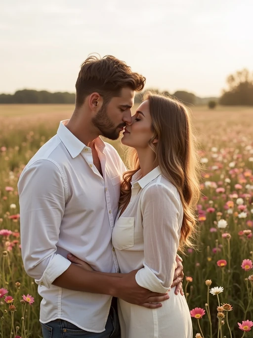 Whimsical engagement shoot in a field of flowers. if(gender=f){Wearing a delicate pastel dress} if(gender=m){Wearing a relaxed button-up shirt} if(gender=couple){Bride-to-be in a floral maxi dress, groom-to-be in a soft-toned suit}. Romantic and dreamy setting.