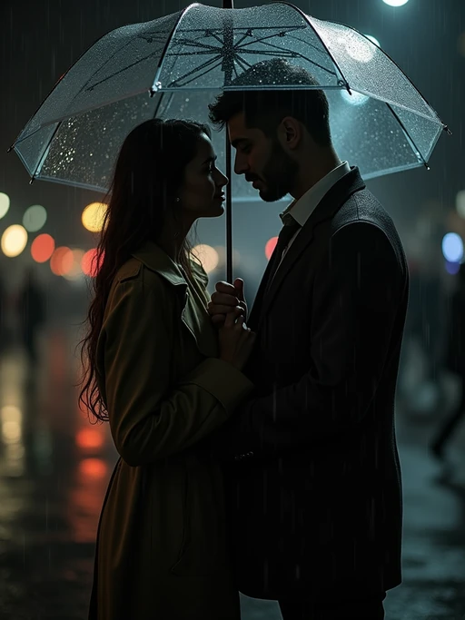 Dramatic engagement shoot in the rain. if(gender=f){Wearing a sleek, long dress} if(gender=m){Wearing a sharp trench coat and suit} if(gender=couple){Bride-to-be in a flowing gown, groom-to-be in a tailored dark suit}. Holding an umbrella, deep romantic gazes, moody lighting.