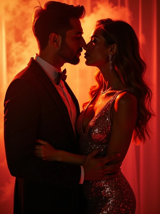 Glamorous engagement photoshoot with dramatic lighting. if(gender=f){Wearing a sequin-styled dress, high-fashion hair and makeup} if(gender=m){Wearing a tuxedo with a stylish watch} if(gender=couple){Bride-to-be in a glittering dress, groom-to-be in a sharp black tuxedo}. Hollywood-style, luxury aesthetic.