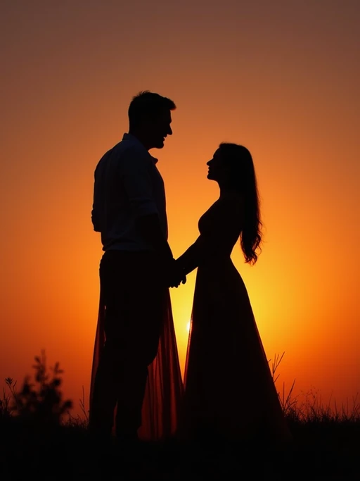 Artistic silhouette engagement portrait. if(gender=f){Wearing a stylish long dress} if(gender=m){Wearing a structured suit} if(gender=couple){Bride-to-be in an elegant gown, groom-to-be in a modern tailored suit}. Dark silhouettes against a stunning sunset background.