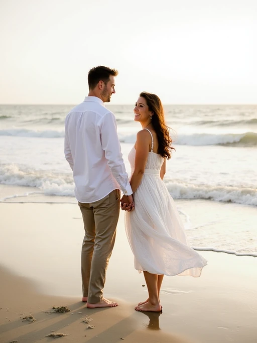 Beachside engagement photoshoot, natural and relaxed. if(gender=f){Wearing a breezy sundress, barefoot on the sand} if(gender=m){Wearing rolled-up linen pants and a white button-up shirt} if(gender=couple){Bride-to-be in a flowing white dress, groom-to-be in a light linen suit}. Holding hands by the water, soft waves in the background.