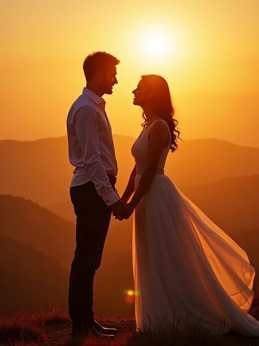 Romantic pre-wedding photoshoot at golden hour. if(gender=f){Wearing a flowing romantic dress} if(gender=m){Wearing a stylish suit} if(gender=couple){Bride-to-be in an elegant chiffon dress, groom-to-be in a fitted casual suit}. Holding hands, looking into each other’s eyes, dreamy sunset background.