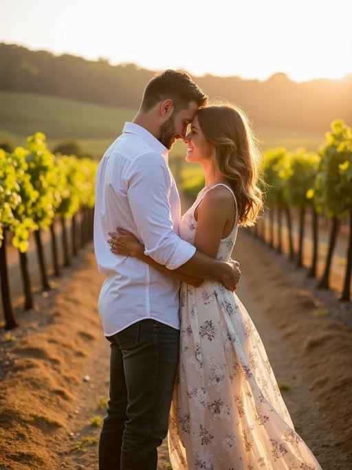 Engagement photoshoot at a vineyard or countryside. if(gender=f){Wearing a relaxed but elegant sundress} if(gender=m){Wearing a casual linen shirt and vest} if(gender=couple){Bride-to-be in a rustic floral dress, groom-to-be in a laid-back country-style outfit}. Warm sunlight, scenic vineyard background.