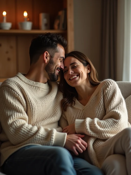 Cozy and intimate engagement photoshoot at home. if(gender=f){Wearing a comfortable oversized sweater} if(gender=m){Wearing a relaxed casual outfit} if(gender=couple){Bride-to-be in a soft knitted sweater, groom-to-be in a casual but stylish button-up}. Cuddling on the couch, warm and intimate lighting.