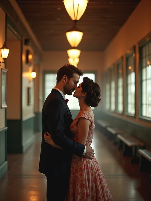 Cinematic engagement shoot at a vintage train station. if(gender=f){Wearing a stylish 1950s-inspired dress} if(gender=m){Wearing a classic vest and bowtie} if(gender=couple){Bride-to-be in a vintage polka-dot dress, groom-to-be in a sharp old-school suit}. Classic romance movie aesthetic.