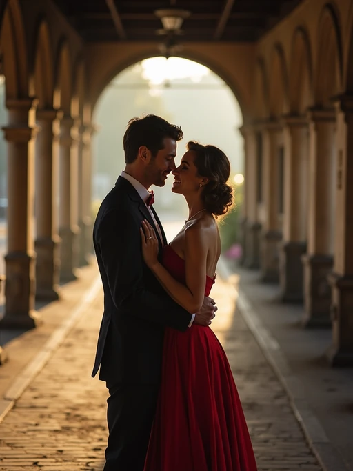 Cinematic engagement shoot at a vintage train station. if(gender=f){Wearing a stylish 1950s-inspired dress} if(gender=m){Wearing a classic vest and bowtie} if(gender=couple){Bride-to-be in a vintage polka-dot dress, groom-to-be in a sharp old-school suit}. Classic romance movie aesthetic.