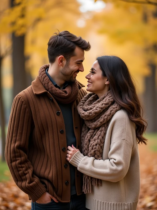 Autumn engagement photoshoot with cozy outfits. if(gender=f){Wearing a stylish knit sweater and scarf} if(gender=m){Wearing a casual but polished wool coat} if(gender=couple){Bride-to-be in a chic autumn outfit, groom-to-be in a warm-toned blazer}. Warm golden leaves in the background, soft bokeh effect.