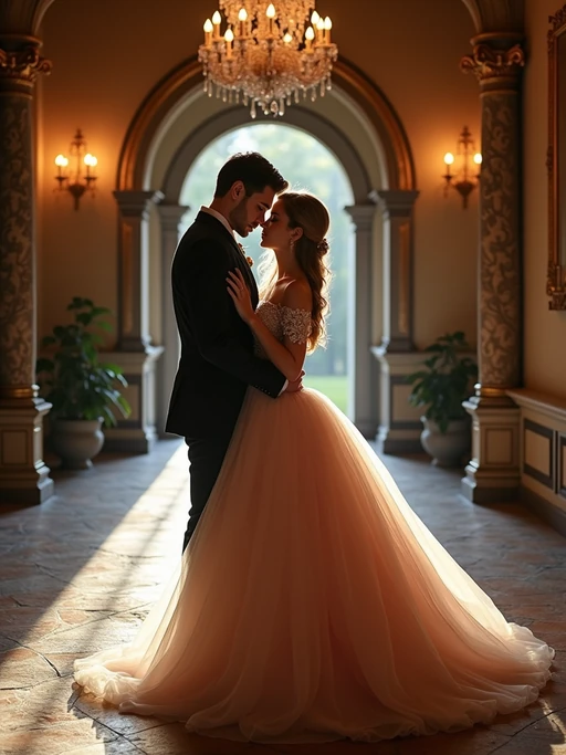Fairytale-inspired engagement shoot in a castle setting. if(gender=f){Wearing an elegant princess-like gown} if(gender=m){Wearing a royal-inspired velvet suit} if(gender=couple){Bride-to-be in a dreamy gown, groom-to-be in a sophisticated suit}. Romantic and regal ambiance.