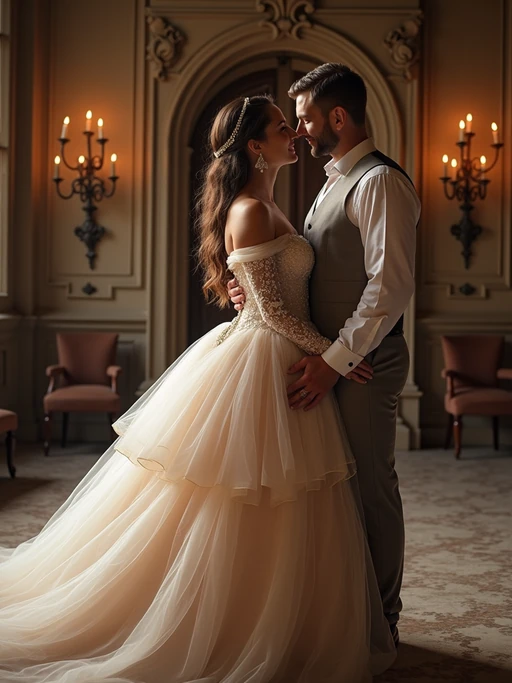 Fairytale-inspired engagement shoot in a castle setting. if(gender=f){Wearing an elegant princess-like gown} if(gender=m){Wearing a royal-inspired velvet suit} if(gender=couple){Bride-to-be in a dreamy gown, groom-to-be in a sophisticated suit}. Romantic and regal ambiance.