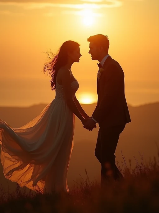 Romantic pre-wedding photoshoot at golden hour. if(gender=f){Wearing a flowing romantic dress} if(gender=m){Wearing a stylish suit} if(gender=couple){Bride-to-be in an elegant chiffon dress, groom-to-be in a fitted casual suit}. Holding hands, looking into each other’s eyes, dreamy sunset background.