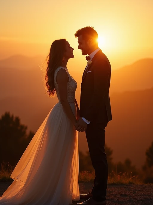 Romantic pre-wedding photoshoot at golden hour. if(gender=f){Wearing a flowing romantic dress} if(gender=m){Wearing a stylish suit} if(gender=couple){Bride-to-be in an elegant chiffon dress, groom-to-be in a fitted casual suit}. Holding hands, looking into each other’s eyes, dreamy sunset background.