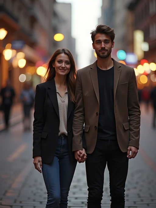 Engagement photoshoot in the middle of a lively city street. if(gender=f){Wearing a trendy urban outfit, stylish sunglasses} if(gender=m){Wearing a casual but polished blazer and jeans} if(gender=couple){Bride-to-be in a fashionable jumpsuit, groom-to-be in a modern streetwear-inspired suit}. Cinematic street photography, blurred city lights.