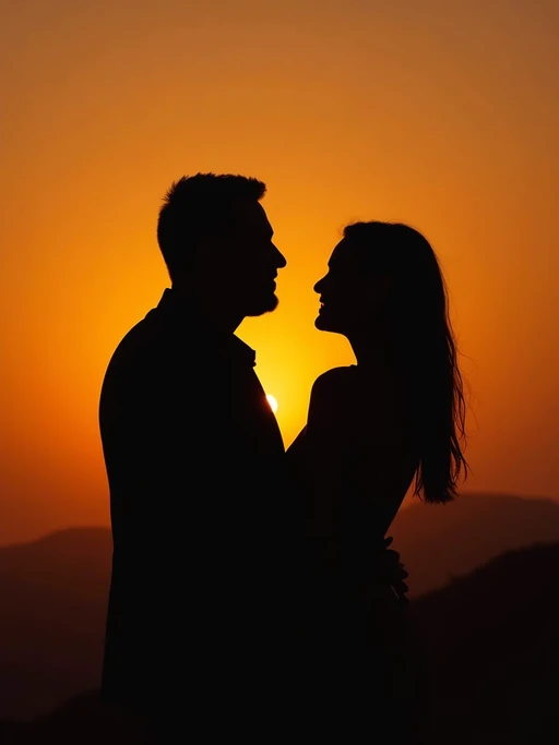 Artistic silhouette engagement portrait. if(gender=f){Wearing a stylish long dress} if(gender=m){Wearing a structured suit} if(gender=couple){Bride-to-be in an elegant gown, groom-to-be in a modern tailored suit}. Dark silhouettes against a stunning sunset background.