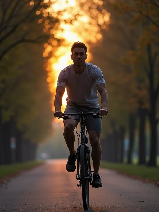engaging if(gender=m){masculine} if(gender=f){feminine} model taking a bike ride on a tree-lined pathway at dusk