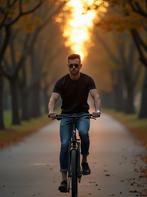 engaging if(gender=m){masculine} if(gender=f){feminine} model taking a bike ride on a tree-lined pathway at dusk