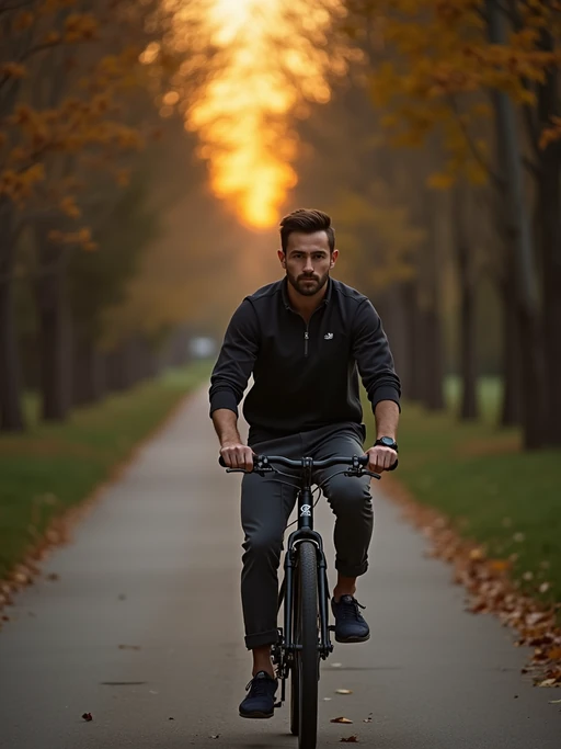 engaging if(gender=m){masculine} if(gender=f){feminine} model taking a bike ride on a tree-lined pathway at dusk