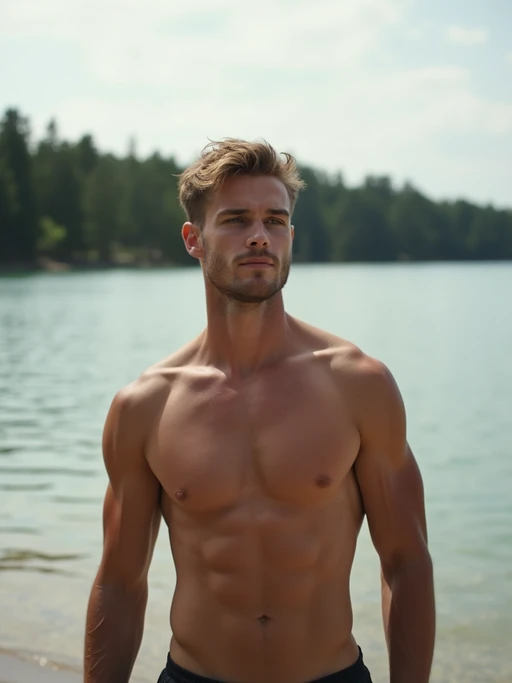 nature-loving if(gender=m){masculine} if(gender=f){feminine} model posing near a peaceful lake or calm beach shore
