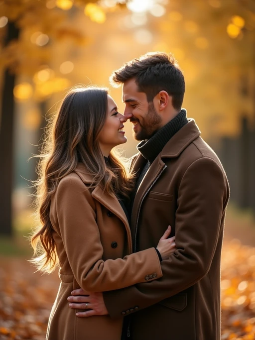 Autumn engagement photoshoot with cozy outfits. if(gender=f){Wearing a stylish knit sweater and scarf} if(gender=m){Wearing a casual but polished wool coat} if(gender=couple){Bride-to-be in a chic autumn outfit, groom-to-be in a warm-toned blazer}. Warm golden leaves in the background, soft bokeh effect.