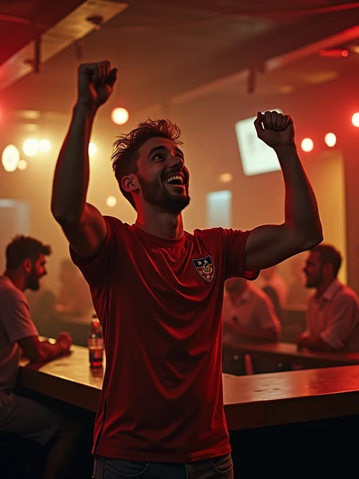 lively if(gender=m){masculine} if(gender=f){feminine} model cheering on a sports game at a cozy bar