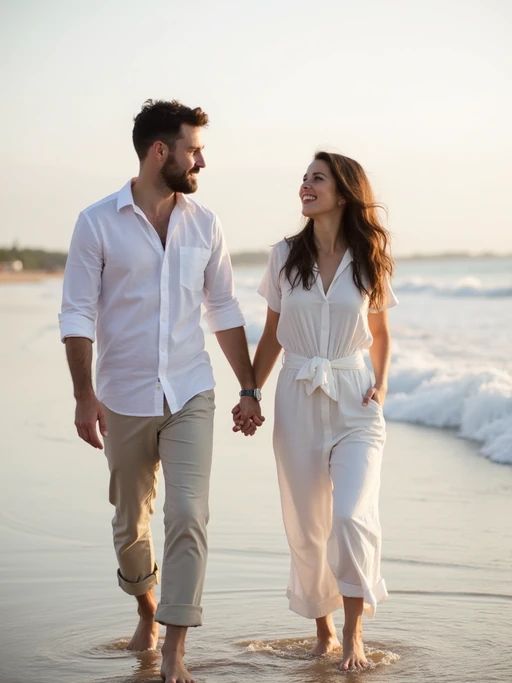 Beachside engagement photoshoot, natural and relaxed. if(gender=f){Wearing a breezy sundress, barefoot on the sand} if(gender=m){Wearing rolled-up linen pants and a white button-up shirt} if(gender=couple){Bride-to-be in a flowing white dress, groom-to-be in a light linen suit}. Holding hands by the water, soft waves in the background.