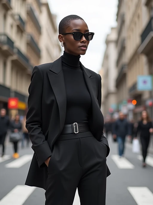 minimalist if(gender=m){masculine} if(gender=f){feminine} model in a sleek monochrome outfit on a city street