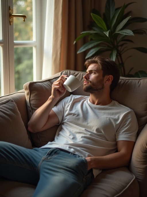 relatable if(gender=m){masculine} if(gender=f){feminine} model lounging in casual clothes, sipping tea on a comfy couch