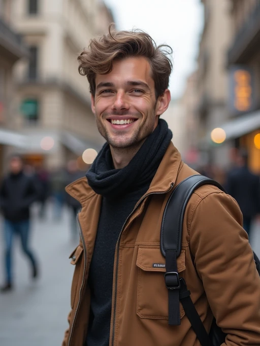 charming if(gender=m){masculine} if(gender=f){feminine} model dressed for a comfortable city stroll, capturing genuine smiles