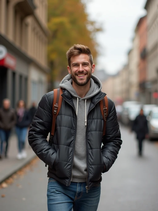 charming if(gender=m){masculine} if(gender=f){feminine} model dressed for a comfortable city stroll, capturing genuine smiles