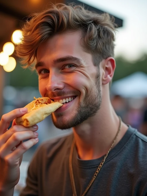 outgoing if(gender=m){masculine} if(gender=f){feminine} model savoring street food at a local food truck event