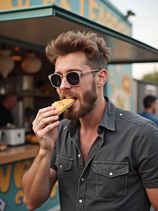 outgoing if(gender=m){masculine} if(gender=f){feminine} model savoring street food at a local food truck event