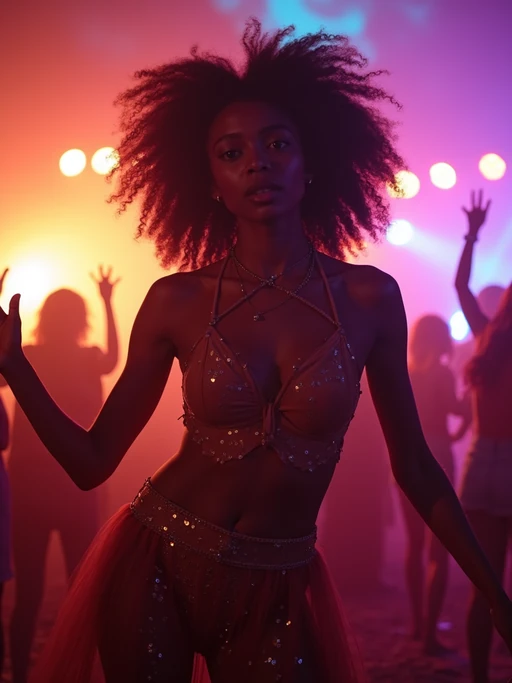 energetic if(gender=m){masculine} if(gender=f){feminine} model dancing at a summer music festival with colorful lights