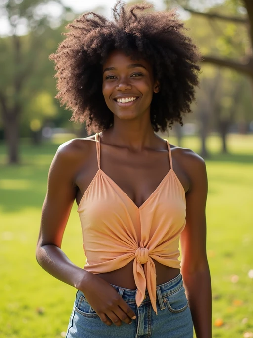 friendly if(gender=m){masculine} if(gender=f){feminine} model wearing everyday attire in a bright outdoor setting for a Bumble profile photo