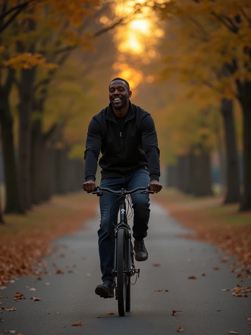 engaging if(gender=m){masculine} if(gender=f){feminine} model taking a bike ride on a tree-lined pathway at dusk