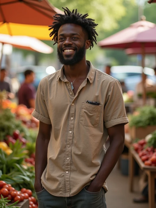 bright-spirited if(gender=m){masculine} if(gender=f){feminine} model exploring a local farmers' market in daylight