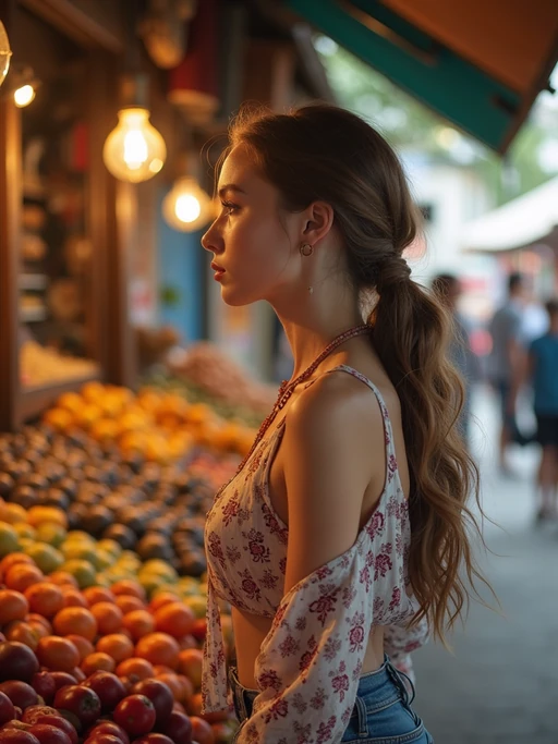 wanderlust if(gender=m){masculine} if(gender=f){feminine} model browsing stalls in a bustling local market