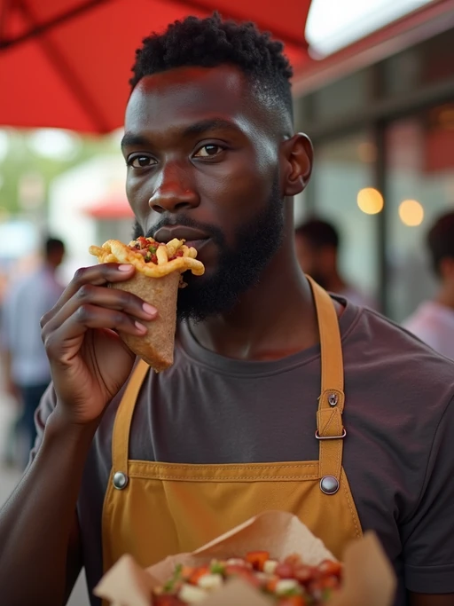 outgoing if(gender=m){masculine} if(gender=f){feminine} model savoring street food at a local food truck event
