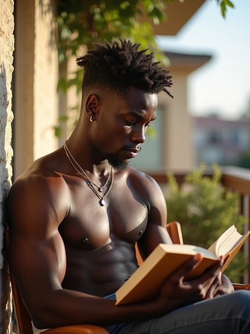thoughtful if(gender=m){masculine} if(gender=f){feminine} model reading a book on a sunny balcony or porch