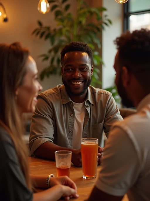 relaxed if(gender=m){masculine} if(gender=f){feminine} model laughing with a small group of friends at a laid-back gathering