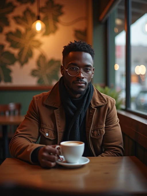 warm if(gender=m){masculine} if(gender=f){feminine} model enjoying a quiet coffee at a cozy café