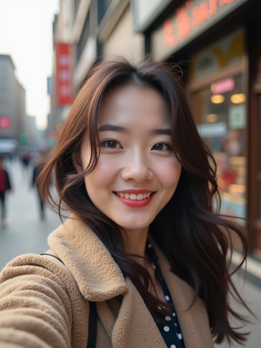 sincere if(gender=m){masculine} if(gender=f){feminine} model snapping a selfie on a casual day out, with a genuine smile