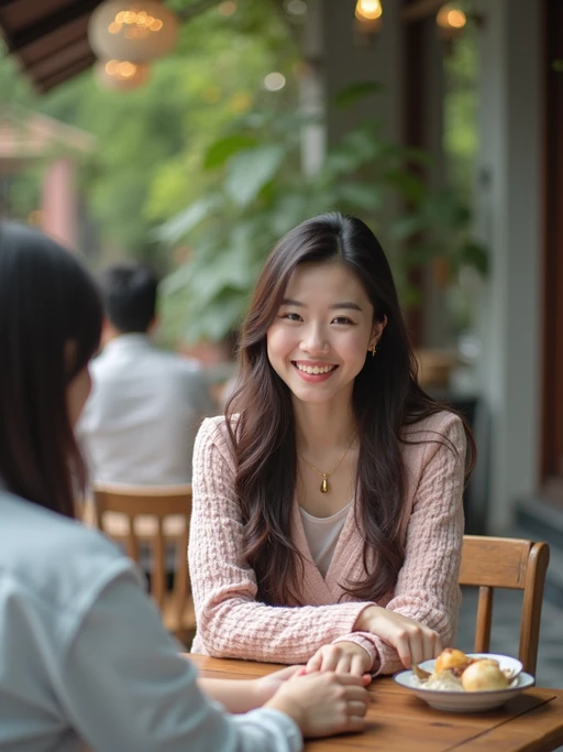 laid-back if(gender=m){masculine} if(gender=f){feminine} model chatting with a friend at a casual outdoor table
