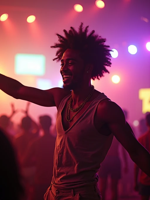 energetic if(gender=m){masculine} if(gender=f){feminine} model dancing at a summer music festival with colorful lights