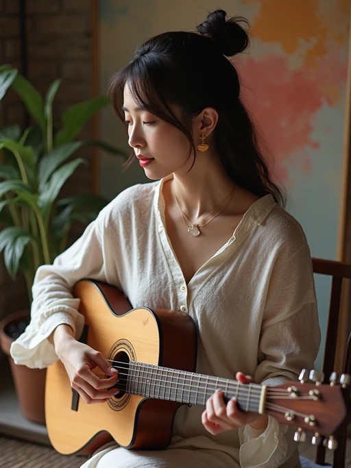 creative if(gender=m){masculine} if(gender=f){feminine} model practicing a personal passion—playing guitar, painting, or crafting
