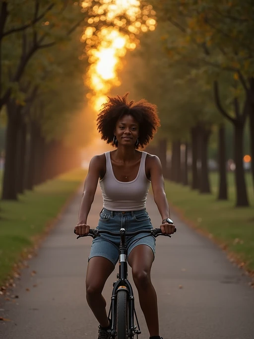 engaging if(gender=m){masculine} if(gender=f){feminine} model taking a bike ride on a tree-lined pathway at dusk