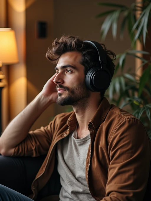 music-enthusiast if(gender=m){masculine} if(gender=f){feminine} model relaxing with headphones, exploring new tunes
