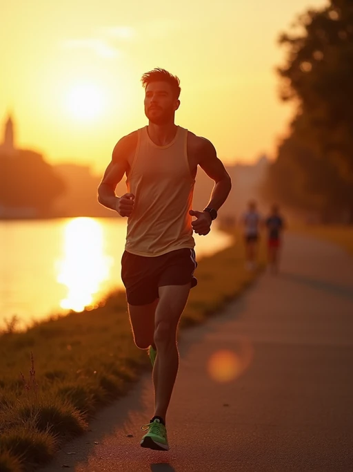 upbeat if(gender=m){masculine} if(gender=f){feminine} model jogging along a riverside path at sunrise